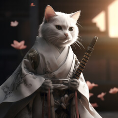 Fototapeta na wymiar A retro cat Hanfu wearing a sword Cat portrait