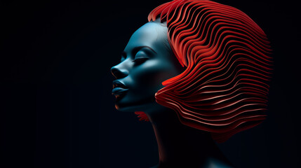 Abstraktes Portrait einer Frau mit roten beleuchteten 3D-Wellen-Formen als Frisur. Profil. Schwarzer Hintergrund. Illustration