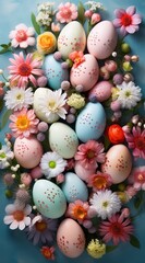 Fototapeta na wymiar colorful easter eggs with small flowers and grasses, in the style of elaborate fruit arrangements, dreamy color palette