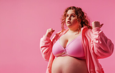 Obraz premium Very fat girl doing fitness on a coloured background