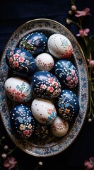 Fototapeta premium colorful egg white easter eggs in the style of romantic floral motifs, dotted, moody colors