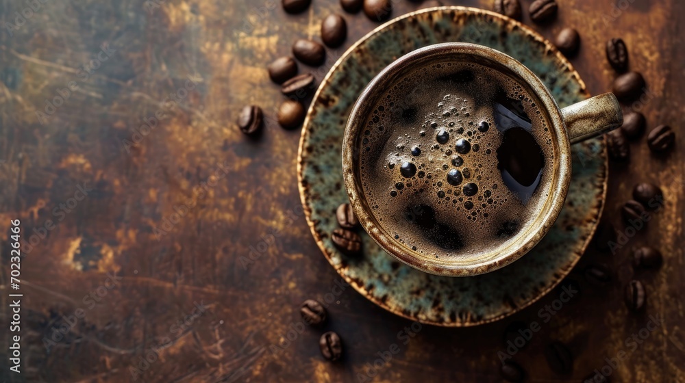 Poster a close up of a cup of coffee on a table with coffee beans scattered around it and a spoon in the mi