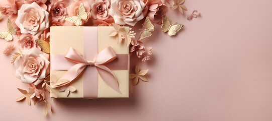 A gift box wrapped in eco-friendly craft paper with pink ribbon bow on pink background with paper flowers, top view banner with copy space