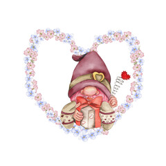 Fototapeta na wymiar Composition with Valentines Nordic gnomes, gift boxes and flowers. Cute valentine's day postcard. Watercolor elements for birthday,cake, holiday celebration design, greetings card, invitation.