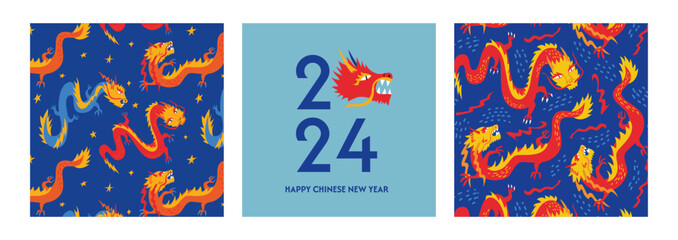 Set of new year greeting cards with asian dragons and lanterns. Chinese new year of the dragon 2024. Vector illustration
