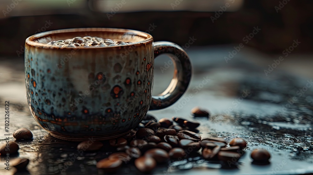 Poster a close up of a cup of coffee on a table with coffee beans on the table and a window in the backgrou