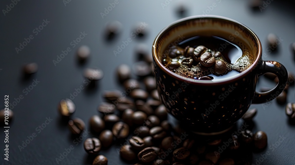 Poster a close up of a cup of coffee on a table with coffee beans scattered around it and on the table is a