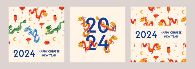 Set of new year greeting cards with asian dragons and lanterns. Chinese new year of the dragon 2024. Vector illustration