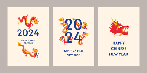 Set of new year greeting cards with asian dragons. Chinese new year of the dragon 2024. Vector illustration