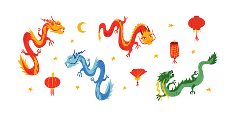 Set of asian dragons, lanterns, moon and stars. Chinese lunar new year. Vector flat illustration of fantasies dragons