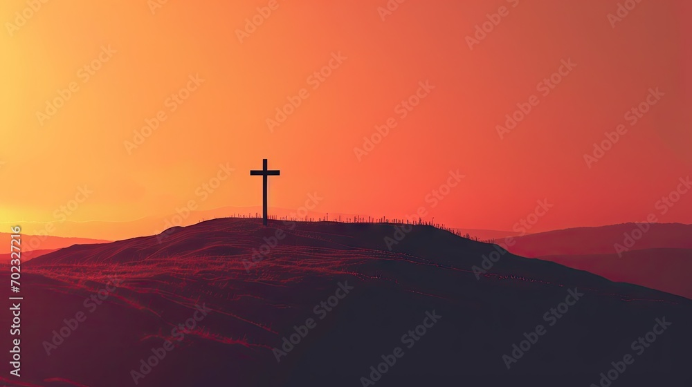 Poster a cross on top of a hill with the sun setting in the backgrouund of the mountain behind it.