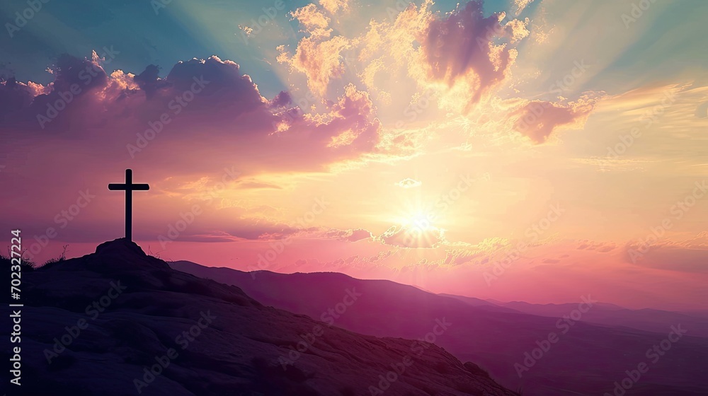 Aufkleber a cross on top of a hill with the sun setting in the background and clouds in the sky above it.