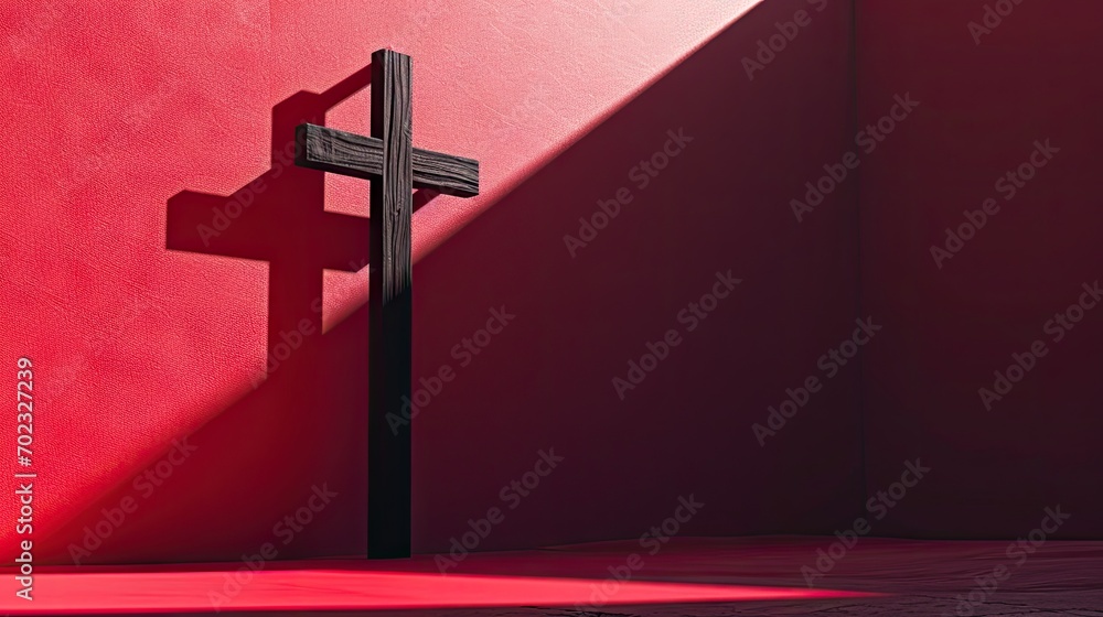 Poster a cross sitting in front of a red wall with a shadow of a cross on the side of the wall.