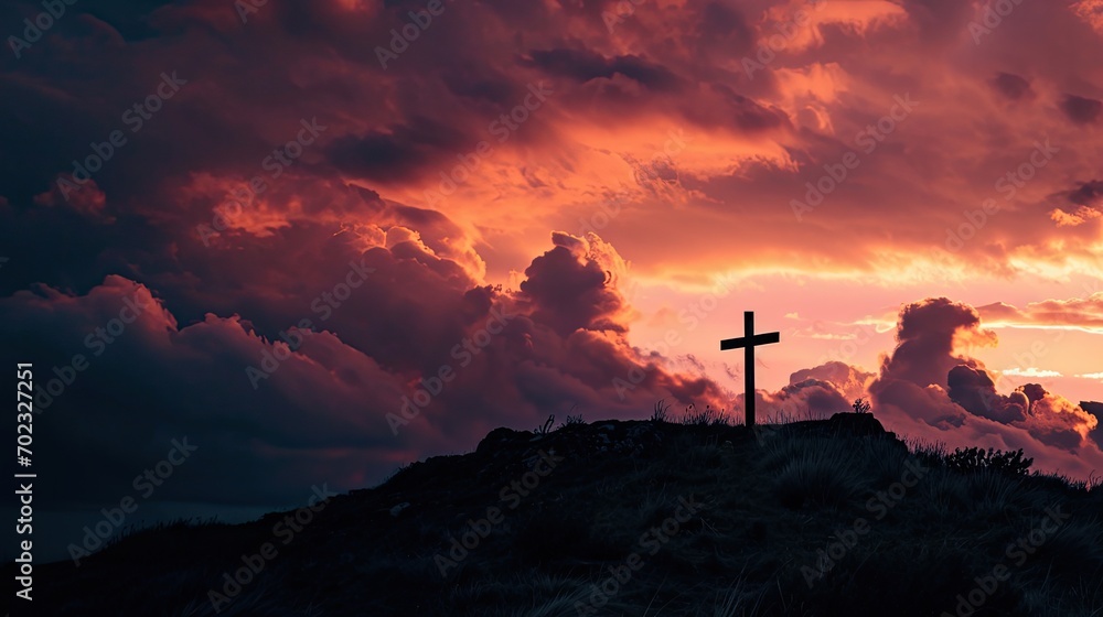 Poster a cross on top of a hill with a cloudy sky in the background and a cross on top of a hill with a cro