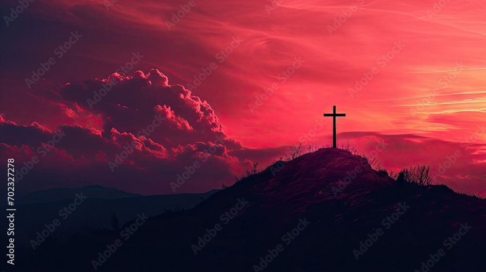 Poster a cross on top of a hill with a red sky in the background and clouds in the foreground with a cross 