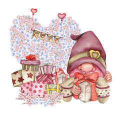 Composition with Valentines Nordic gnomes, gift boxes and flowers. Cute valentine's day postcard. Watercolor elements for birthday,cake, holiday celebration design, greetings card, invitation.