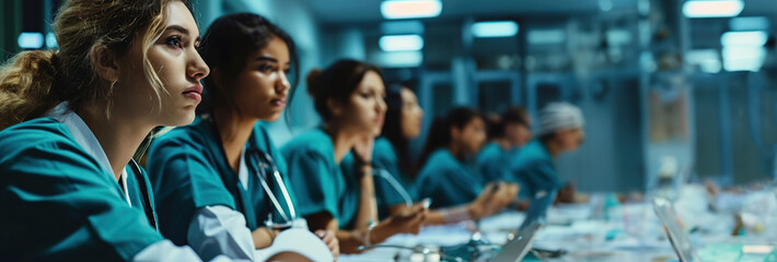 Candid shot of group of female nursing students excited about studying at college, medical colleagues at work, image with space for text. Created with Generative Ai technology.
