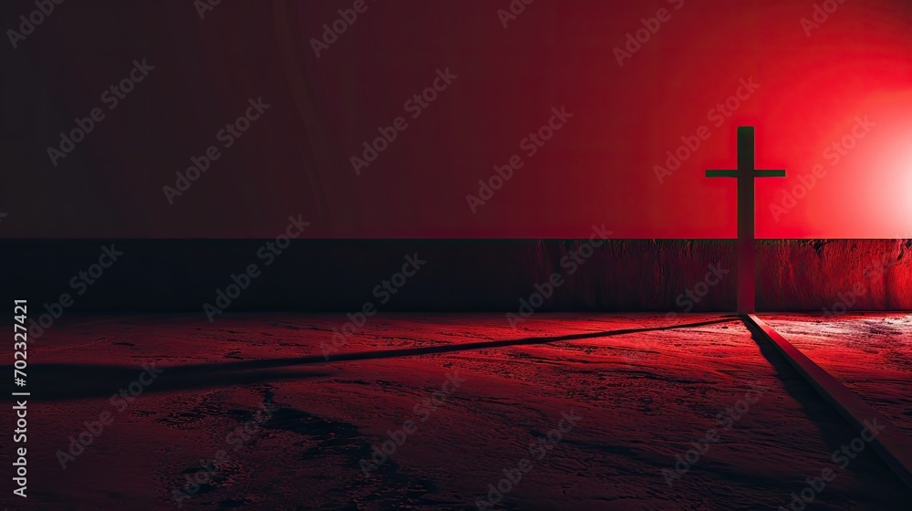Poster a cross sitting in the middle of a room with a red light shining on the floor and a cross in the mid