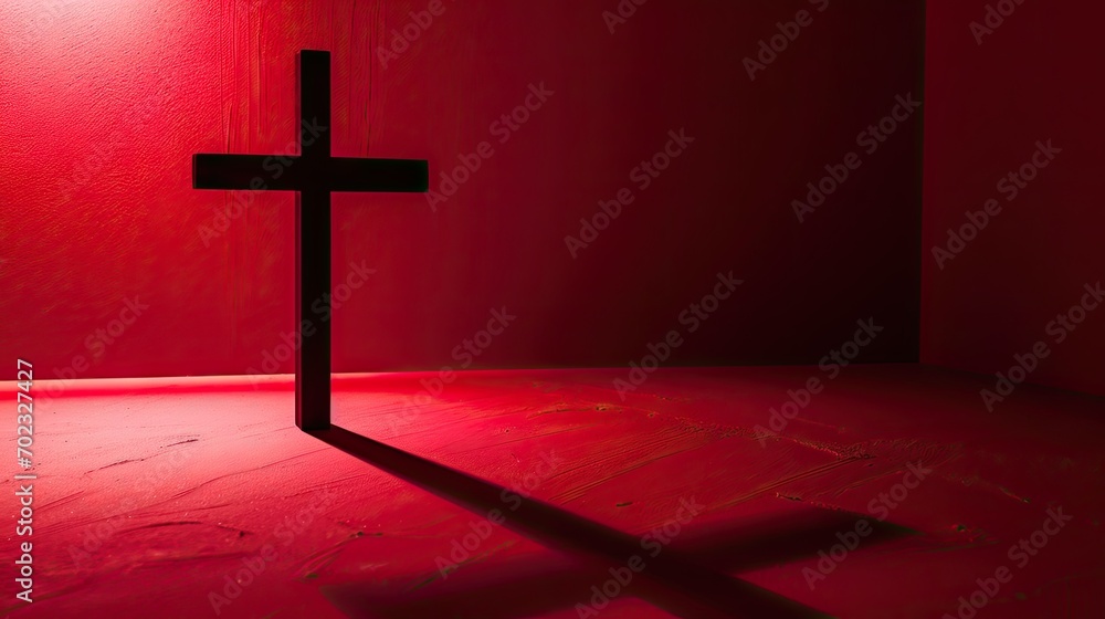 Poster a cross sitting in the middle of a room with a red light shining on the floor and a cross in the mid