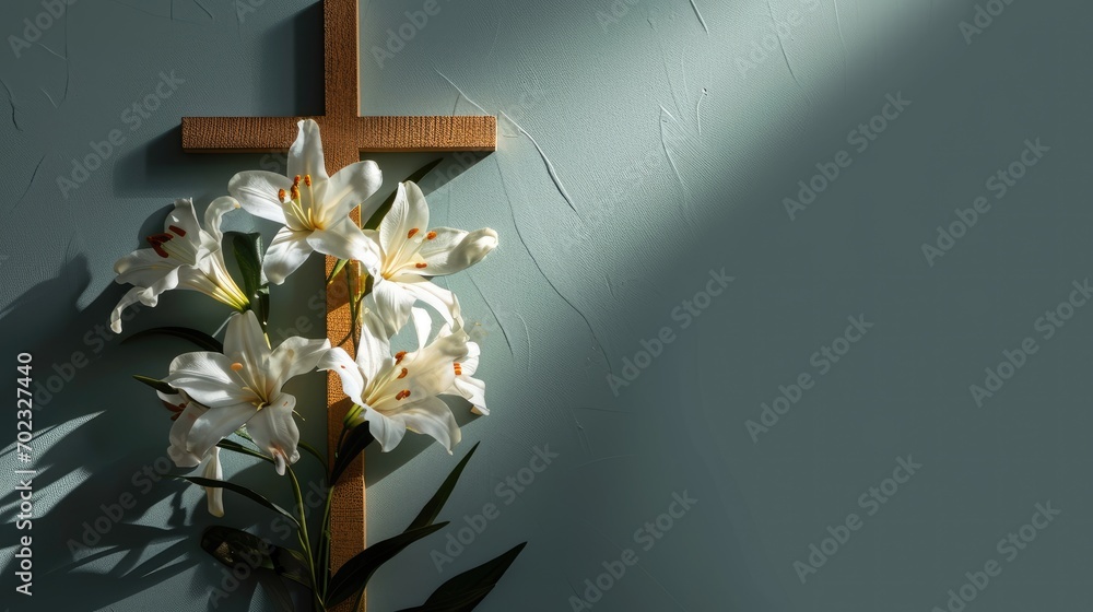 Poster a cross on a wall with a bunch of flowers in front of it and a shadow of a cross on the wall.