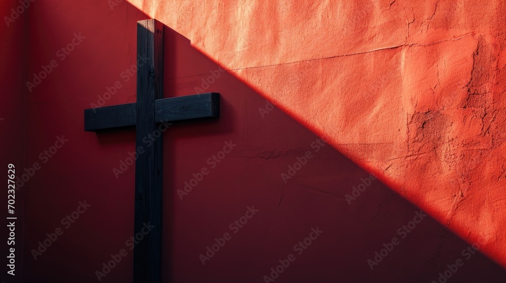 Poster a cross on a red wall with a shadow of a cross on the side of the wall and a shadow of a cross on th