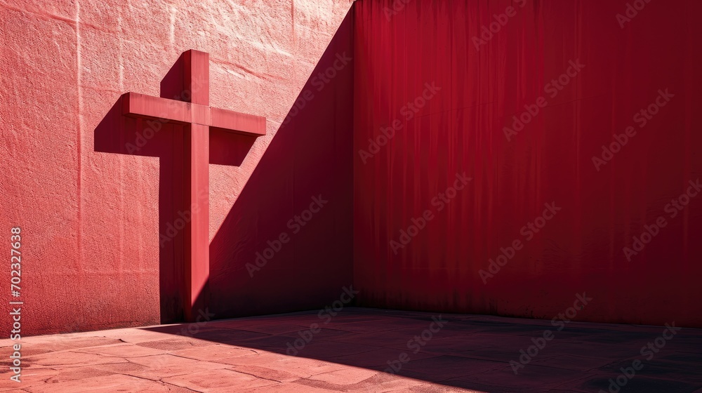 Aufkleber the shadow of a cross on a red wall next to a red wall with a shadow of a cross on it.