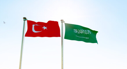 Turkey and Saudi Arabia Flags are waving in the spring of the blue sky. 4K ULTRA HD. 