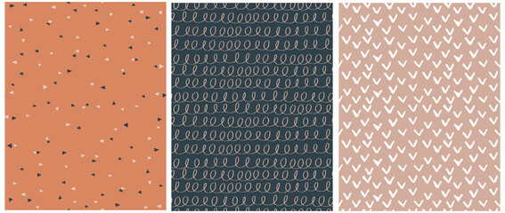 Abstract Hand Drawn Childish Drawing-like Vector Patterns. White lines with Loops, Triangles and Spots on a Beige, Pale Black and Terra Cotta Background. Modern  Irregular Geometric Seamless Pattern. - 702327838
