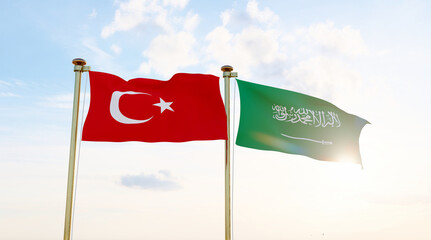 Turkey and Saudi Arabia Flags are waving in the spring of the blue sky.. 4K ULTRA HD.	
