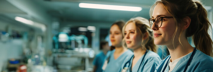 Candid shot of group of female nursing students excited about studying at college, medical colleagues at work, image with space for text. Created with Generative Ai technology.
