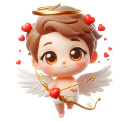 Cupido lindo bebé tierno san valentin volando con una flecha de corazon en la mano, dia del amor y la amistad - obrazy, fototapety, plakaty