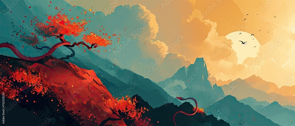 Poster a painting of a mountain with a tree in the foreground and a bird in the sky in the background.