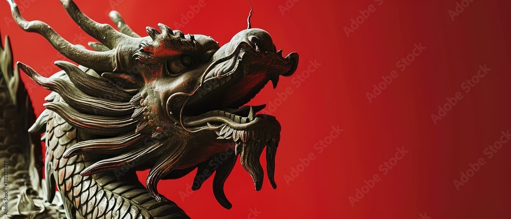 Poster a close up of a statue of a dragon on a red background with a red sky in the back ground.