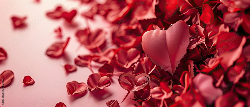 Poster a heart shaped object surrounded by petals on a pink background with a white background and a pink b