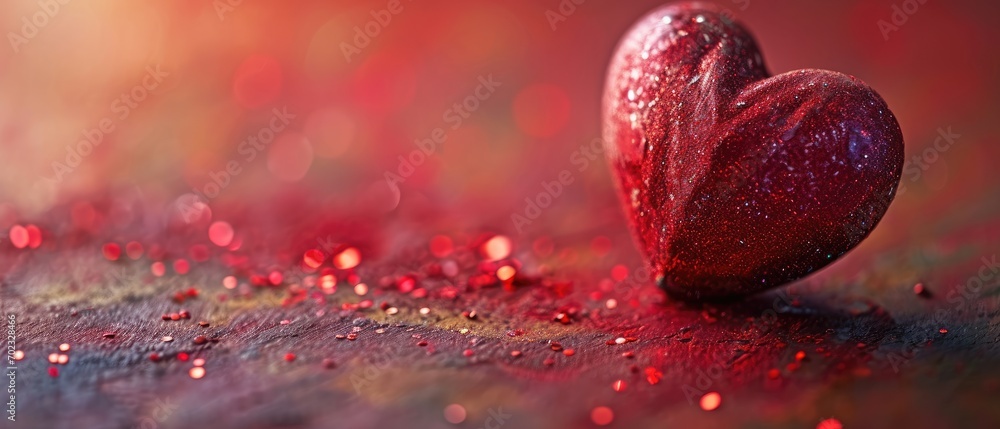 Poster a red heart shaped object sitting on top of a wooden table next to a red and gold glittered surface.