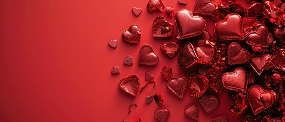  a bunch of heart shaped candies on a red background with a heart shaped candy bar in the middle of the image.