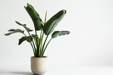 Single palm potted plant, white background, clean shiny leaves free of veins and markings, copy space