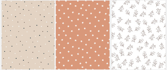 Abstract Hand Drawn Childish Drawing-like Vector Patterns. Zig Zags, Tiny Dots and Twigs on a White, Beige and Terra Cotta Brown Background. Modern  Irregular Geometric and Floral Seamless Patterns.