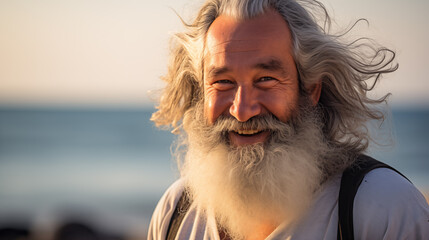 An elderly man with a full white beard and a hearty smile, radiating joy and zest for life against a beach backdrop.