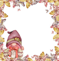 Composition with Valentines Nordic gnomes, Scandinavian gnomes in butterfly frame. Valentine's day postcard.Watercolor elements for birthday,cake,holiday celebration design, greetings card,invitation.