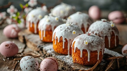 Rustic Easter Cakes with Icing.
Row of Easter cakes with white icing and spring decoration on a wooden surface.