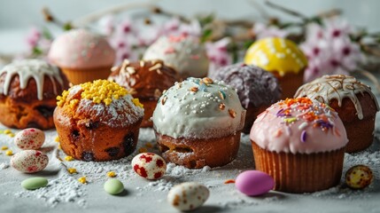 Colourful Easter Cupcakes with Springtime Decorations.
Assorted Easter-themed cupcakes adorned with pastel frosting and sprinkles.