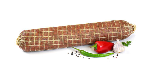 Cured Salami Sausage on White Background, Delicious Whole Sausage