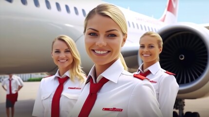 a group of flight attendants were standing in front of an airplane