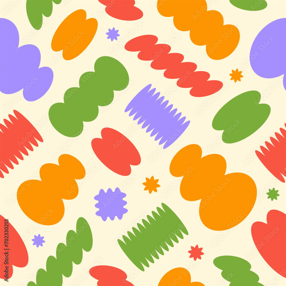 Poster Abstract seamless pattern with colorful playful cartoon shapes on a beige background. Trendy random shapes. Vector illustration