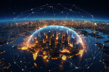 Global network connection covering earth with link of innovative perception . Concept of international trading and digital investment, 5G global wireless connection and future of internet of things