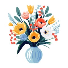 Spring summer illustration. Bouquet of flowers in a vase in flat style. Isolated on white background.