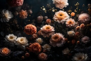 Picture an ethereal scene where an array of flowers come together in an elegantly composed bouquet. 