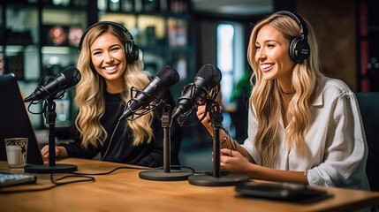 Two women are doing a podcast in a podcast studio, each using a microphone