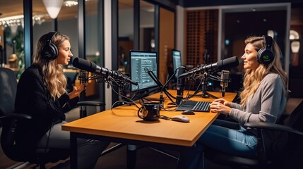 Two women are doing a podcast in a podcast studio, each using a microphone - obrazy, fototapety, plakaty
